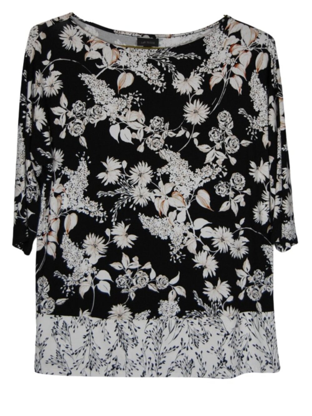 J Jill -Wearever Collection- Floral Border Print Black Cream Top Quiet Luxury